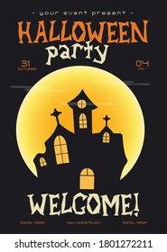 Halloween party flyer. Trending autumn holiday banner poster with castle and moon. Stock vector banner illustration