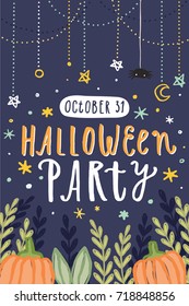 Halloween party flyer. Vector hand drawn illustration. Holiday decoration