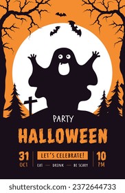 Halloween Party flyer vector illustration with a ghost on orange background. Holiday design template for party invitation, greeting card, banner.
