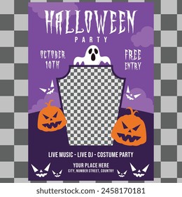 Halloween Party flyer vector illustration with scary faced pumpkins. Holiday design template with flying bats and ghost for party invitation, greeting card, banner or celebration poster layout