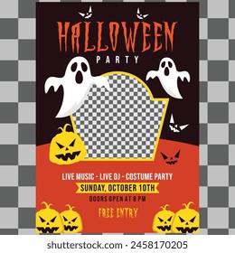 Halloween Party flyer vector illustration with scary faced pumpkins. Holiday design template with flying bats and ghost for party invitation, greeting card, banner or celebration poster layout