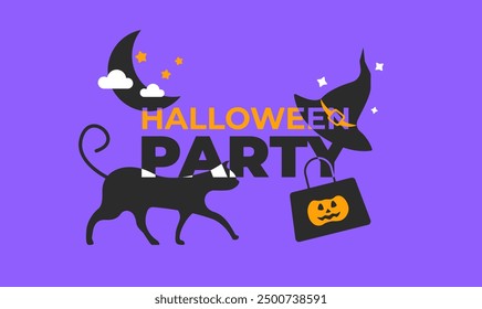 Halloween Party flyer vector illustration with scary faced pumpkins on purple background. Black cat and moon on party flyer. Design template for advertising, web, social media