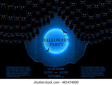 Halloween party flyer. Vector illustration. Template of poster with bats in the cave. Dark blue greeting card. Invitation in night club.