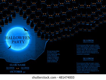 Halloween party flyer. Vector illustration. Templates of poster with bats in the cave. Dark blue greeting card.