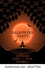 Halloween party flyer. Vector illustration. Template of poster with bats in the cave and terrible castle. Dark orange greeting card.
