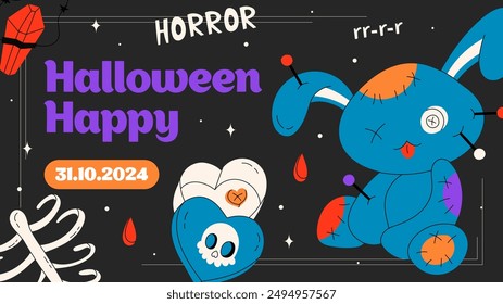 Halloween party flyer with voodo doll and tradition elements. October party or autumn holiday festive vector horizontal banner, fall season horror poster Halloween. Vector stock illustration