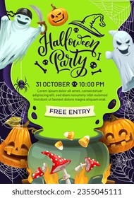 Halloween party flyer with witch cauldron and funny ghosts for holiday, cartoon vector. Halloween party invitation poster for trick or treat night with spooky pumpkins, mushrooms and spider on cobweb