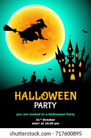 Halloween  party flyer.   Witch  silhouette,  cemetery, castle  and moon background.  Vector  template  for  card or  invitation.