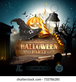 Halloween party flyer - wooden sign with decorations in front of a cemetery and tomb