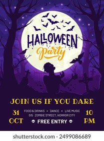 Halloween party flyer with zombie, flying bats, ravens, trees on the eerie cemetery with tombstones and full moon. Vector invitation for horror night, trick or treat or costume party entertainment