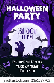 Halloween party flyer with zombie hand, flying bats, trees and eerie pumpkins on cemetery with tombstones and moon. Vector invitation for horror night, trick or treat or costume party entertainment