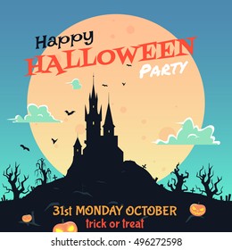 Halloween party flyer.background with a big moon,tree,castle.,pumpkins.Vector illustration