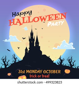 Halloween party flyer.background with a big moon,tree,castle.,pumpkins.Vector illustration