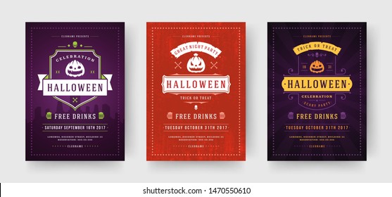 Halloween party flyers invitations or posters set vector illustration. Retro typographic with halloween decoration and symbols.