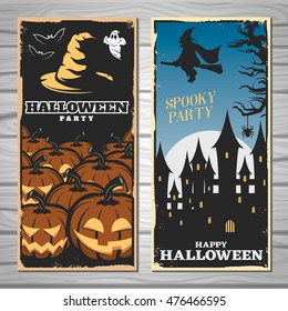 Halloween party flyers with lanterns of jack and witch at broom on wood background isolated vector illustration