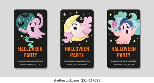 Folletos de fiesta de Halloween con caras monstruosas y aterradoras. Conjunto de tarjetas de celebración fantasma. Fondo de la Vertical de saludo para los medios sociales. Conjunto de tarjetas de invitación de evento de noche de terror de Halloween. Ilustración vectorial