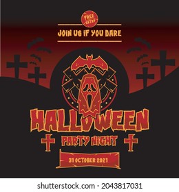 Halloween Party Flyers, Posters, Banners, Invitations for Evening Party Events. Dark Red Background, Ghost Mask, Cross and Bats. Join Us If You Dare Halloween Party Night Event. Vector Illustration De