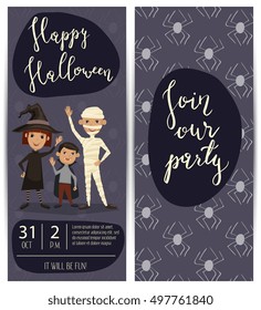 Halloween party flyers set with lettering - Join our party. Halloween kids in carnival costumes mummy, vampire and witch with sign - Trick or Treat. Halloween banners vector. Halloween lettering