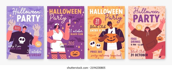 Halloween Party Flyers Set. October Holiday Ad Posters Backgrounds. Promotion Cards Templates, Vertical Promo Banners Designs For Creepy Spooky Carnival Night. Colored Flat Vector Illustrations