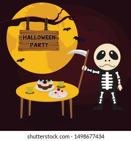 Halloween party with food, drinks, and horror backgrounds