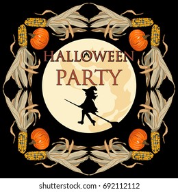 Halloween Party frame with corn and pumpkin. Full moon party.