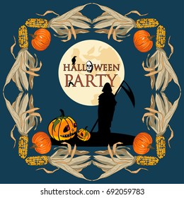 Halloween Party Frame with Pumpkin and Corn. Full Moon Party.