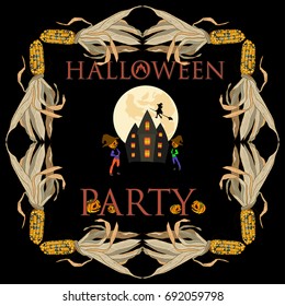 Halloween Party Frame with Pumpkin and Corn. Full Moon Party.