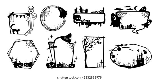 Halloween party frames, black background with creepy cat, pumpkin and ghost, castle silhouette and spider web, cemetery graveyard photo frame, spooky decoration