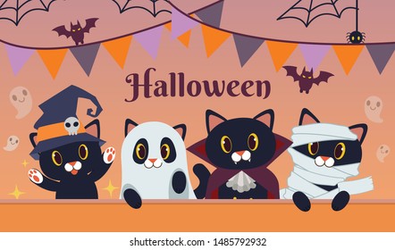 The halloween party for friend group of black cat wear fantasy costume in flat vector style. Illustration for background, graphic,content , banner, sticker label and greeting card.