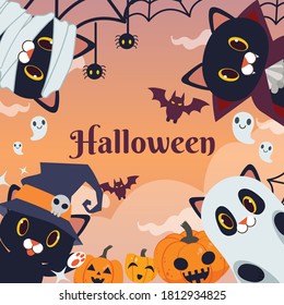 The halloween party for friend group of black cat wear fantasy costume in flat vector style. illustation about halloween party for banner, poster , greeting card.