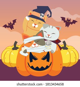 The halloween party for friend group of black cat wear fantasy costume in flat vector style. illustation about halloween party for banner, poster , greeting card.