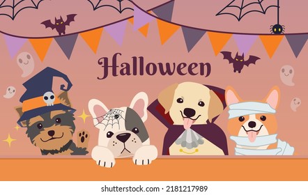 The Halloween party for friend group of dog wear fantasy costume in flat vector style. Illustration for background, graphic, content , banner, sticker label and greeting card.