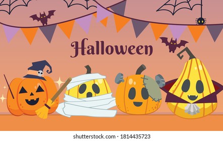 The halloween party for friend group of pumpkin wear fantasy costume in flat vector style. illustation for content, banner, poster,greeting card.