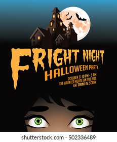 Halloween party fright night background with frightened woman, full moon and haunted house. EPS 10 vector.