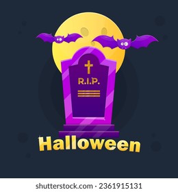 Halloween Party Game Icon Logo  Illustration Grave Purple Full Moon Bats Colorful Cartoon Card Vector Design