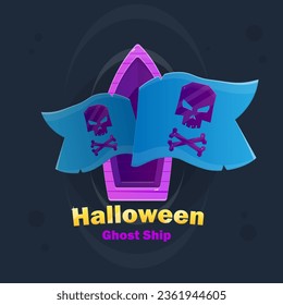 Halloween Party Game Icon Logo  Illustration  Blue Ghost Pirate Flags And Purple Ship Colorful Cartoon Card Vector Design