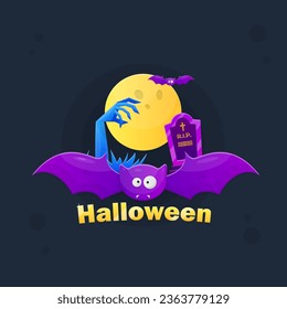 Halloween Party Game Icon Logo  Illustration  Purple Bat On Grave And Zombie Hand Background Colorful Cartoon Card Vector Design