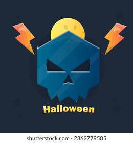 Halloween Party Game Icon Logo  Illustration Dark Blue Skull Flashes Full Moon Colorful Cartoon Card Vector Design