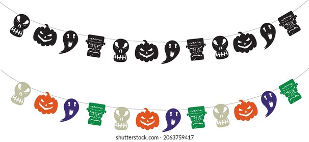 Halloween party garland chain with a ghost, Frankenstein monster, skull and pumpkin