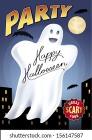 Halloween party in ghost city with full moon and bats.