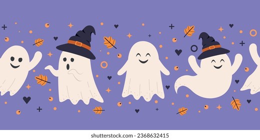 Halloween party ghost design. Halloween phantom ghost with different character. Cute pattern with halloween ghosts.