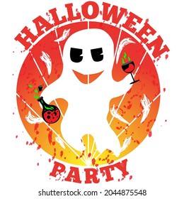 Halloween party. A ghost with a glass in one hand and an elixir in the other. Can be used as a print for a T-shirt or a card