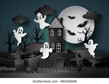 Halloween party with ghost and graveyard in full moon.paper art style.