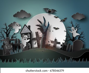 Halloween party with ghost and graveyard in full moon.The illustrations do the same paper art and  digital craft style