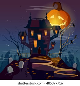 Halloween party ghost house mystical background halloween cartoon vector 