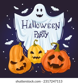 Halloween-Party-Gespenst-Poster. Gekochte Kürbis und gehosteter Geist, flacher Vektorhintergrund