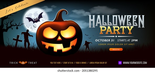 Halloween party ghost pumpkin greeting card banner design on moon night with bat, zombies background, Eps 10 vector illustration
