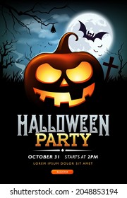 Halloween party ghost pumpkin poster design on moon night background, Eps 10 vector illustration