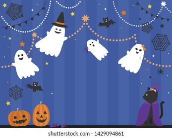 Halloween party of ghosts and a black cat