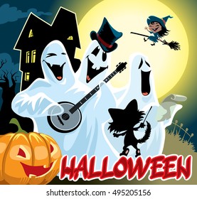 Halloween party with ghosts, cat, pumpkin, moon and a little witch on a broom. Cartoon vector illustration